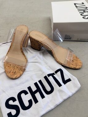Schutz Victorie Cork and Clear Strap Sandals